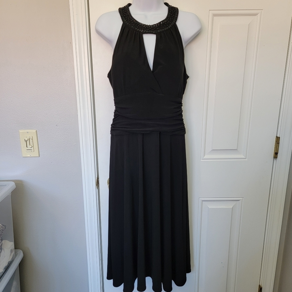 Jessica Howard Evenings Black Beaded Cutout Neck Halter Ruched Midi Dress Size 8